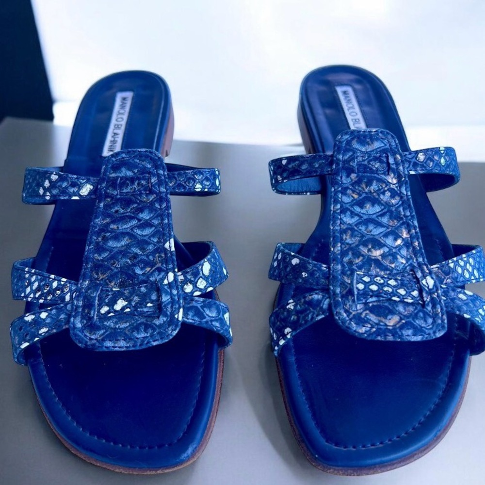 Manolo Blahnik Grella Navy Gold Python Snakeskin … - image 7